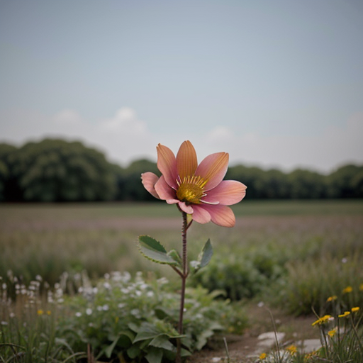 A single, wilting flower growing amidst a field of metallic, geometric structures.